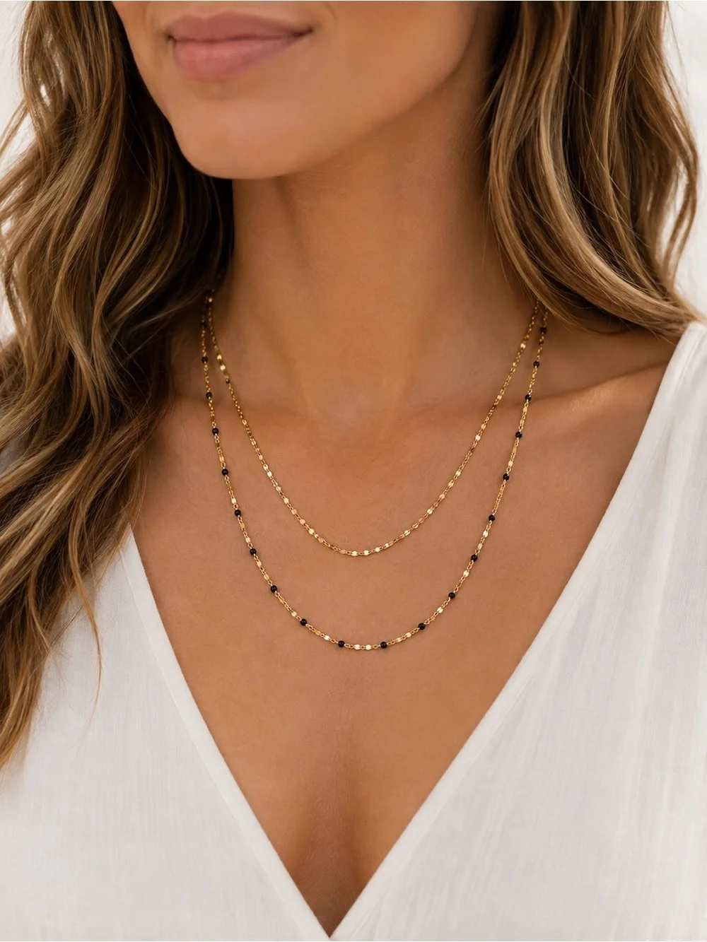 Gold & Black Beaded Layered Chain Necklace Minimalist Dainty Boho Chic